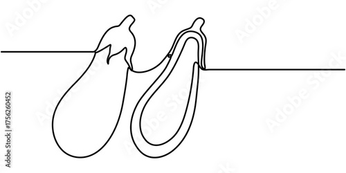 continuous line drawing eggplant illustration, Eggplant in continuous line art drawing style. linear sketch isolated on white background. Vector illustration. 