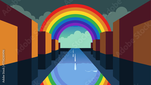 Rainbow over a road between tall buildings