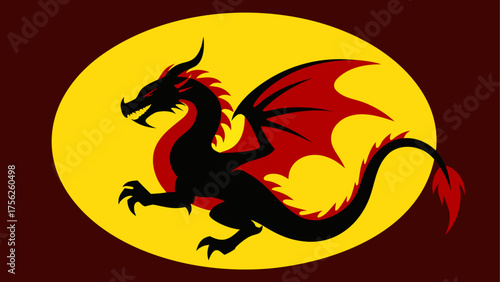 Silhouette dragon with red wings on yellow