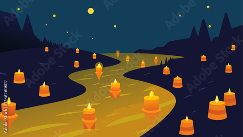 River illuminated by floating candles night