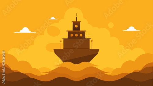 A ship sailing on a golden sea at sunset