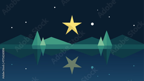 Starry night landscape with water mirror