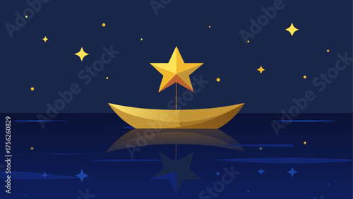 Golden boat sailing under starry night sky