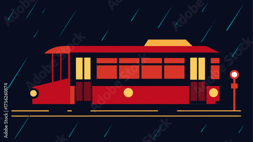 Red trolley in the rain at night graphic