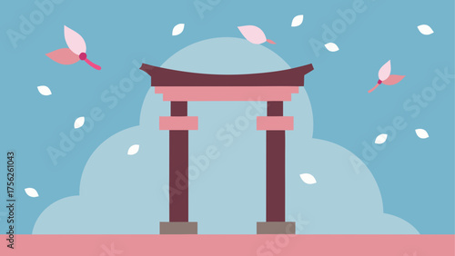 Torii gate with falling cherry blossoms