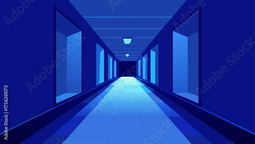 A blue hallway with doors and light ahead
