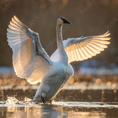 Fototapeta Naklejka Na Ścianę i Meble -  Elegant swan in golden sunlight, wings outstretched while wading in water