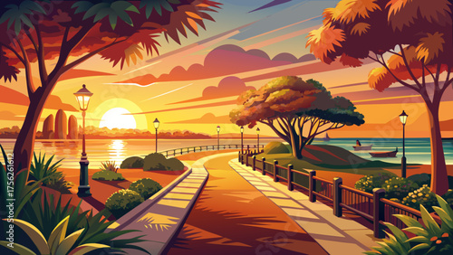 Very beautiful sunset at Bayfront Park, Daphne, Alabama, USA, featuring warm golden skies, calm waters, lush greenery, walking paths, and peaceful waterfront ambiance.