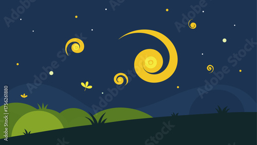 Night scene with swirls and fireflies view