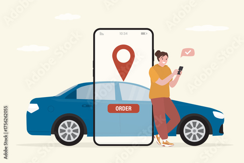 Car rental concept, Automobile sharing service. Rent auto agency. City transport. Taxi or transfer service. Female client order vehicle in mobile phone app.