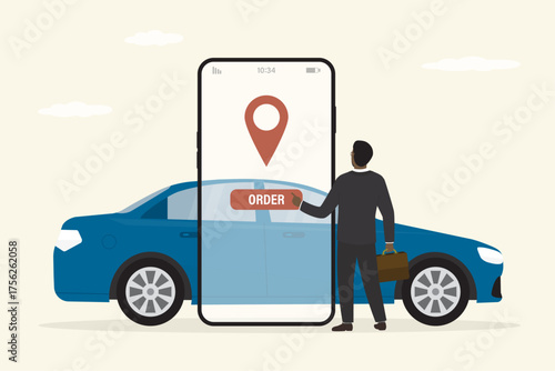 Car rental concept, Automobile sharing service. Rent auto agency. City transport. Taxi or transfer service. Male client order vehicle in mobile phone app.