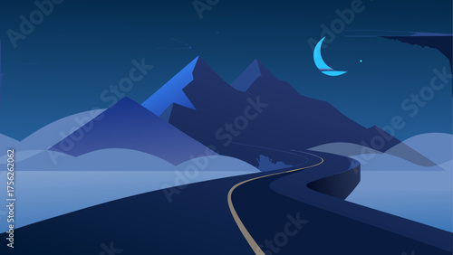 Night landscape with road and mountains