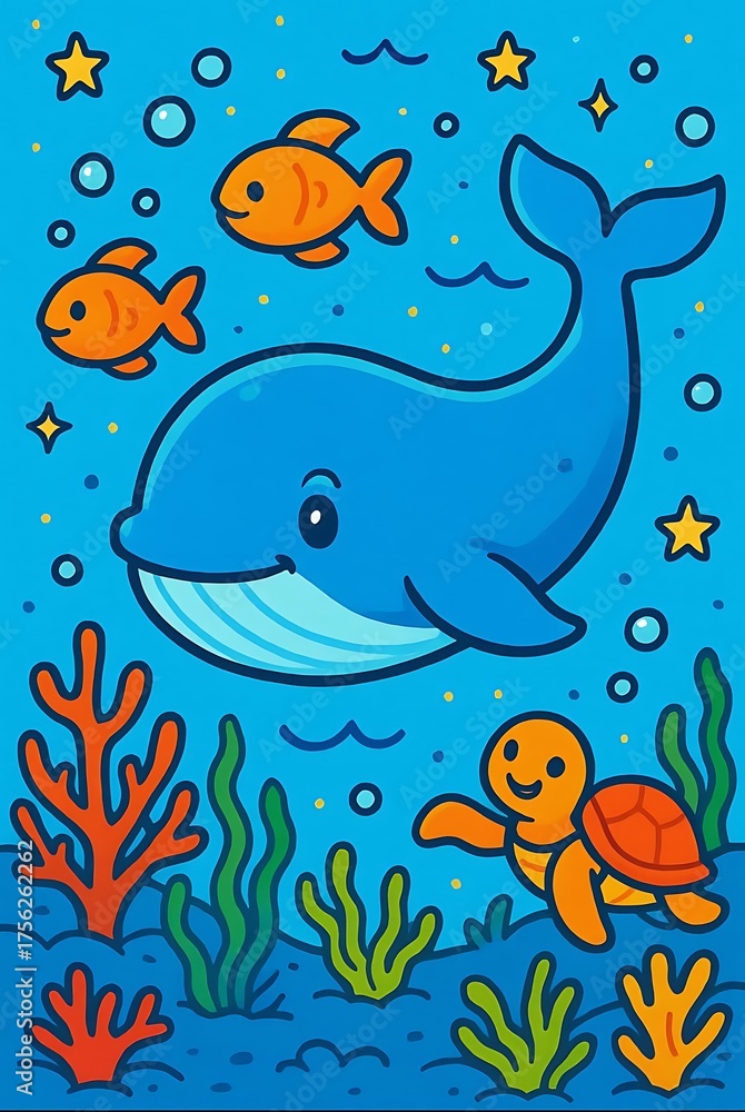 Obraz premium Cute Cartoon Whale, Sea Turtle, and Fish Swimming in the Underwater Ocean