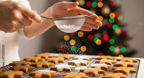 Hands dusting powdered sugar on gingerbread cookies, cozy festive moment.