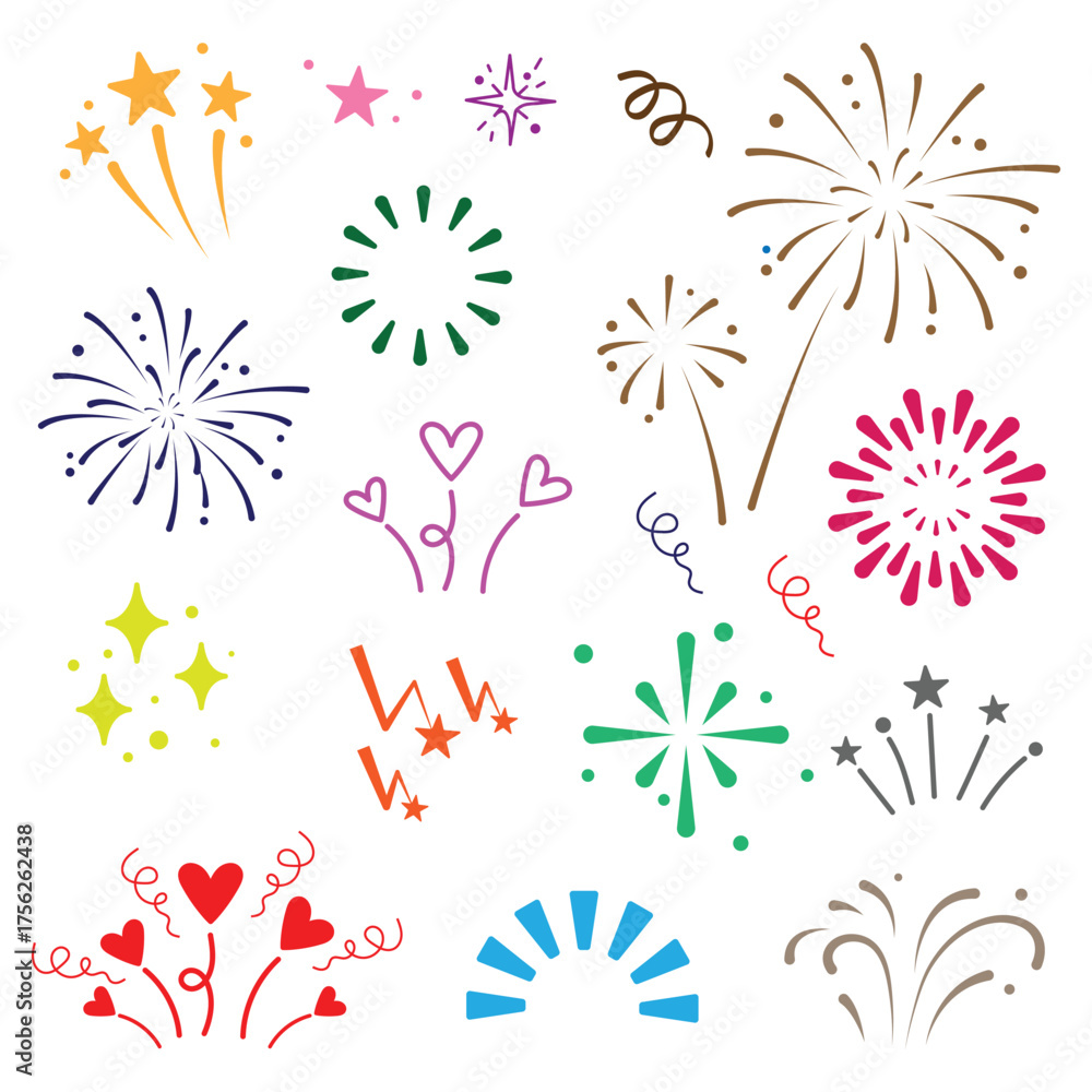 Obraz premium Hand drawn doodle star shapes and birthday confetti with cute sparkle, holiday twinkle brush elements, and glowing cartoon kid pattern. Star background confetti set. Hand drawn style for a firework.