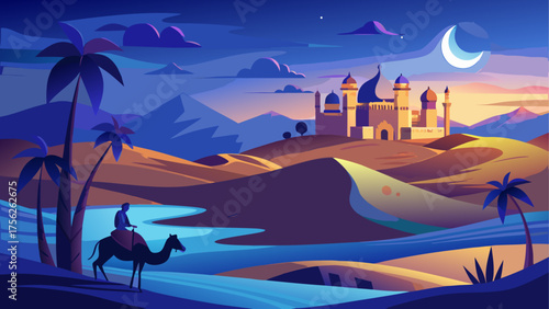 Camel riding through desert near city gate