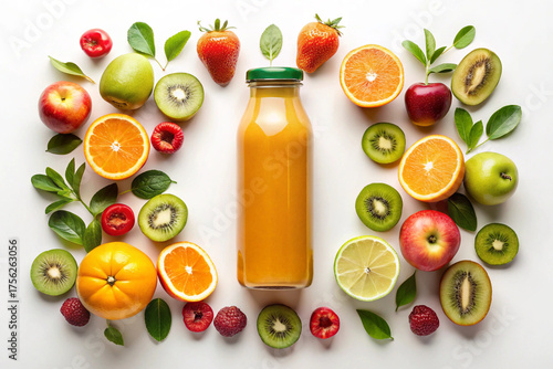 Vibrant Juice Harmony: A refreshing still life of a glass bottle of juice encircled by an assortment of fresh fruits, showcasing the natural beauty and healthful benefits of nature's bounty.