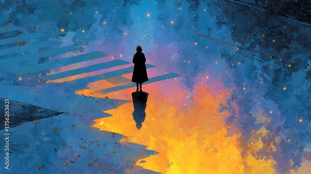 Naklejka premium Silhouette of a lone figure near a tranquil body of water, vibrant reflections, calm serenity, ideal for meditation themes.