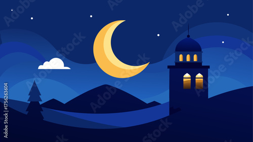 Night scene with moon and mosque silhouette