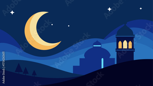 Illustration of a mosque and crescent moon