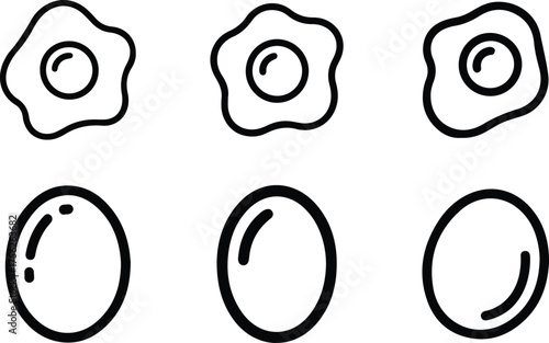 Egg and Fried Egg Icon Set, Breakfast Food, Raw, and Cooked Outline Vector