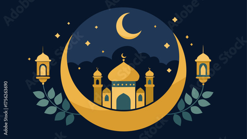 Illustration of mosque with moon and stars