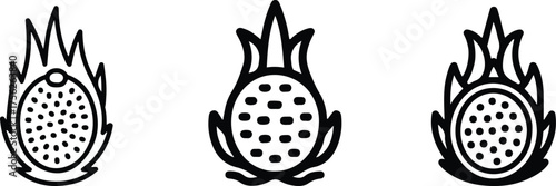 Dragon Fruit Pitaya Slice Icon Set, Food Outline Vector 