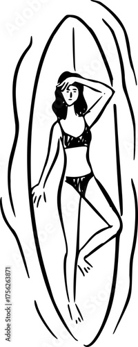 A woman relaxing on a paddle board Hand Drawn Summer Illustration