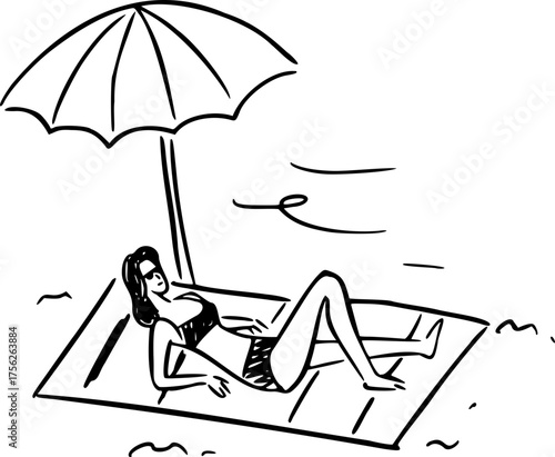 A woman sunbathing with umbrella Hand Drawn Summer illustration