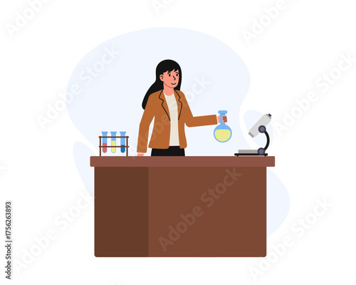 Female scientist conducting experiments at laboratory workbench with test tubes and microscope