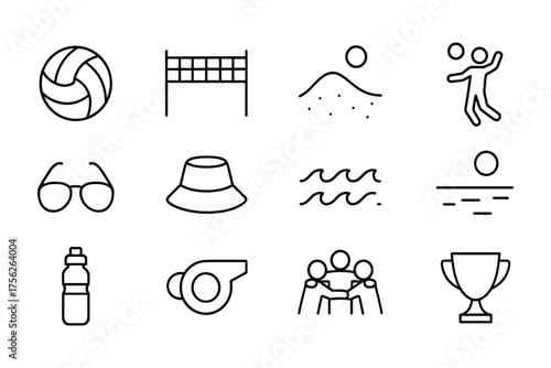 Beach volley outline icons: sports, sun, and fun elements