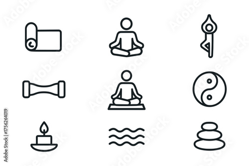 Minimalist yoga icons with meditation, balance, and wellness symbols