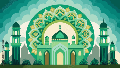 Green mosque with towers and mandala art