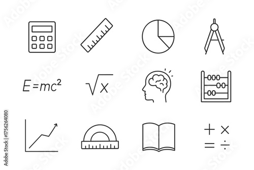 Linear math and science icons featuring calculations and tools