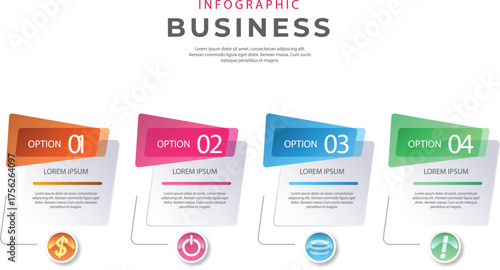 Modern infographic with five circular stages in a colorful gradient flow for business presentations and data visualization.
Four interconnected circular steps with numbers and text placeholders for pr