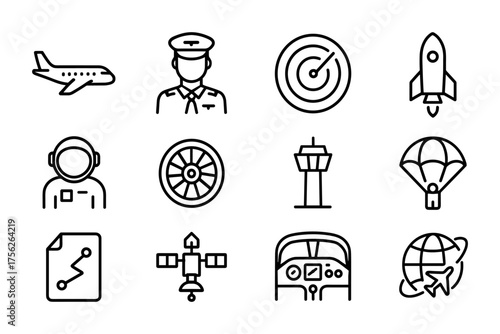 Aviation and space icons featuring pilot, rocket, and radar in linear style