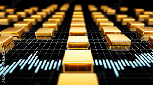 Wallpaper Mural Gold bars arranged in grid leading to horizon investment concept with glowing data line and reflective surface conveying finance and technology optimism Torontodigital.ca
