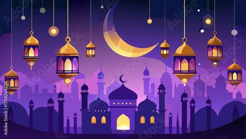Illustration of ramadan with moon and lamps
