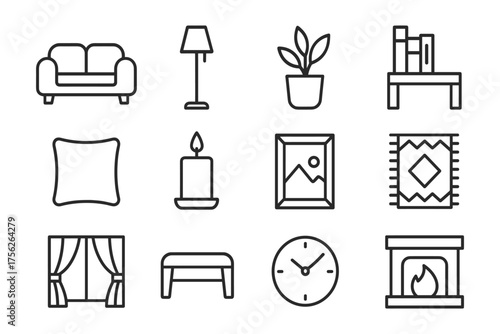 Minimalist home decor icons: furniture, lighting, and accessories
