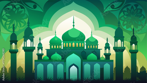 Green mosque with towers and floral art