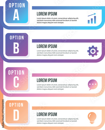 Modern infographic with five circular stages in a colorful gradient flow for business presentations and data visualization.
Four interconnected circular steps with numbers and text placeholders for pr
