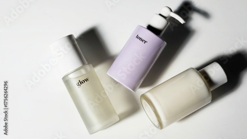 minimal skincare product bottle mockup, minimal skincare product bottle mockup, minimal skincare product bottle mockup with glass packaging design for cosmetic branding and clean aesthetic photography