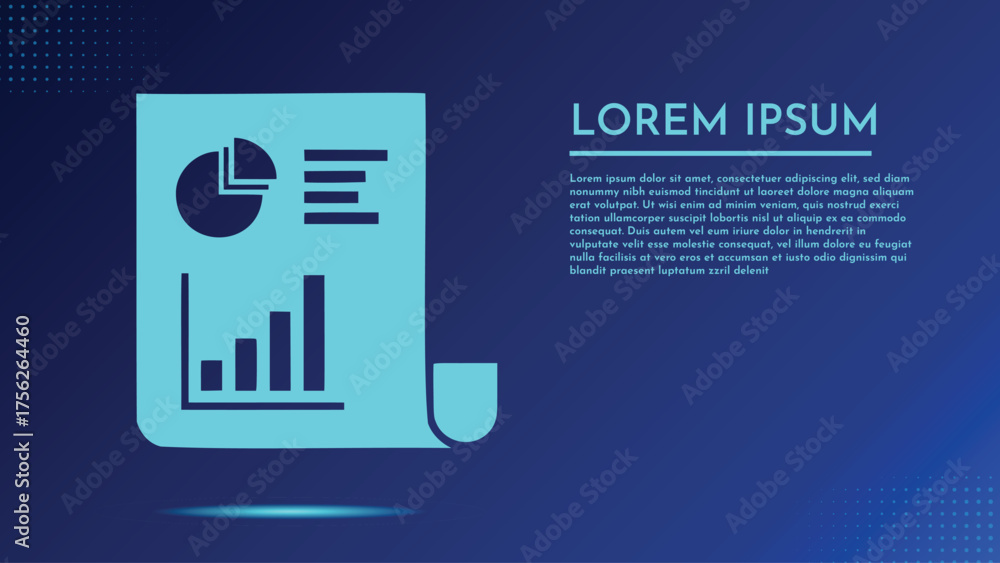 Fototapeta premium Business Document with Pie Chart Bar Graph Icons Dark Blue Background Lorem Ipsum Text Placeholder Horizontal