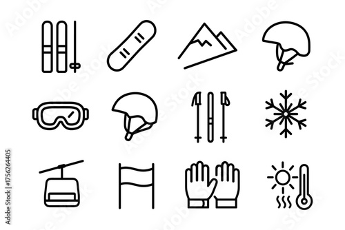 Winter sports icons featuring skiing, snowboarding, safety gear, and mountain adventures in a linear style