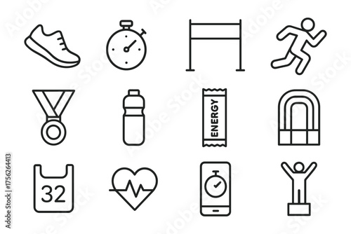 Athletic icons set: sports equipment, fitness, and achievements in linear style