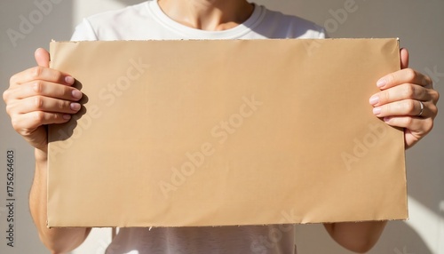 Woman holding blank cardboard sign in soft daylight, serious engagement