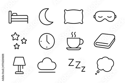 Cozy sleep and relax icons set in minimalist line design