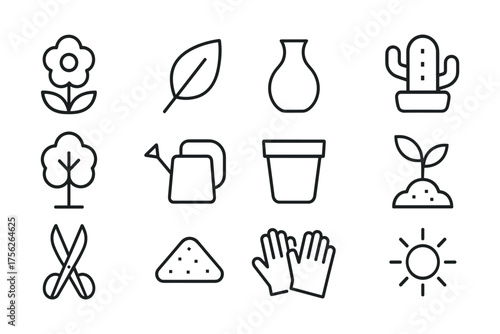 Garden tool and plant line icons set for nature and gardening enthusiasts