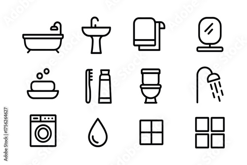 Modern linear bathroom icons set with minimalist design for home decor and interior planning