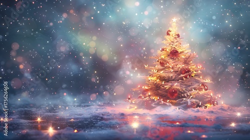 Christmas tree with lights in winter night celebration